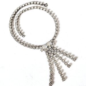 💎 Vintage CZECHO Signed Clear Rhinestone Iced High End Dangle Tassel Necklace